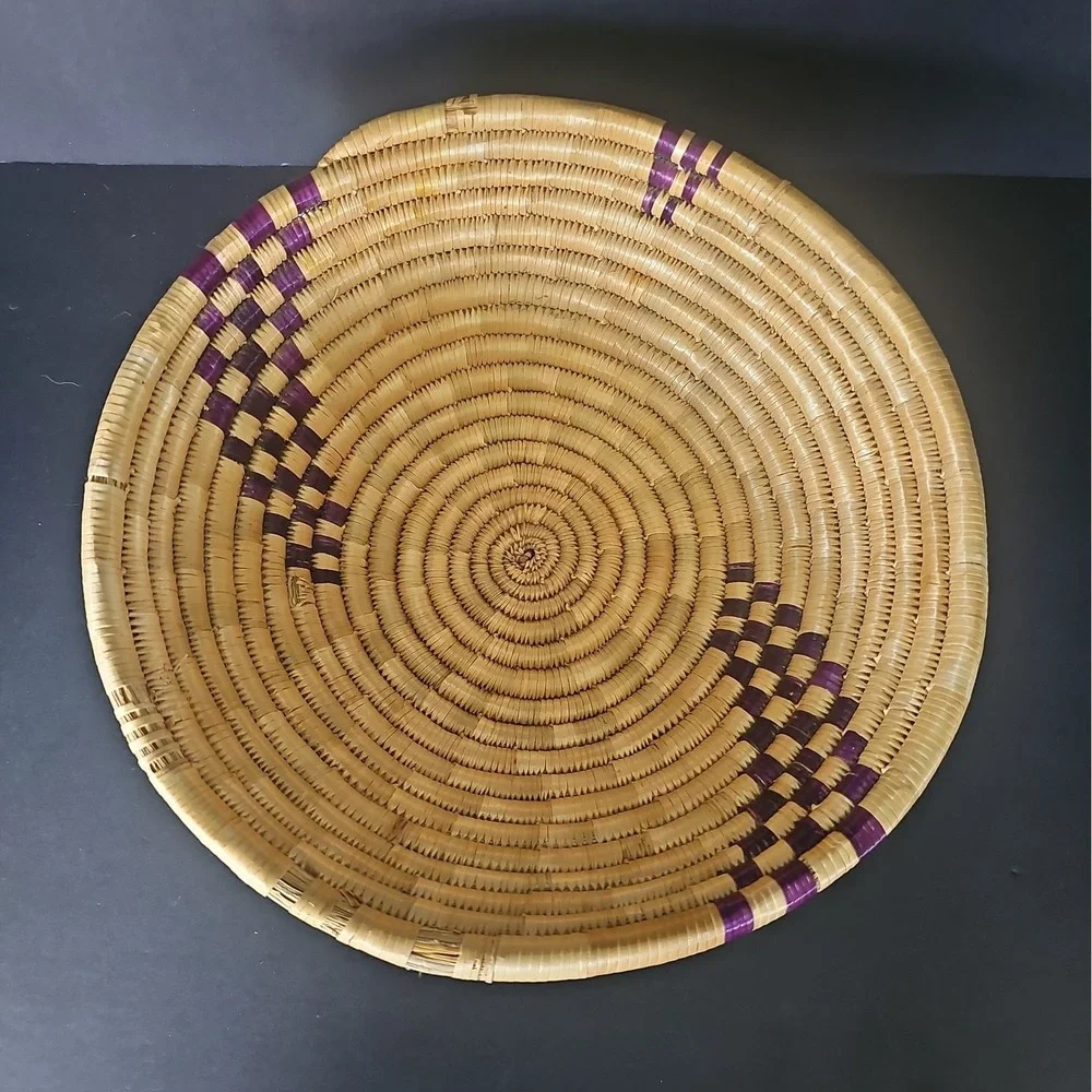 Hand Made Straw Coil Basket African or Native American- Purple Accent 9.5